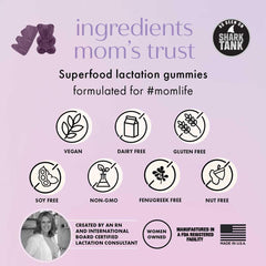 Boobie Bears Lactation Gummies packaging; vegan, organic, gluten-free snacks for busy moms.