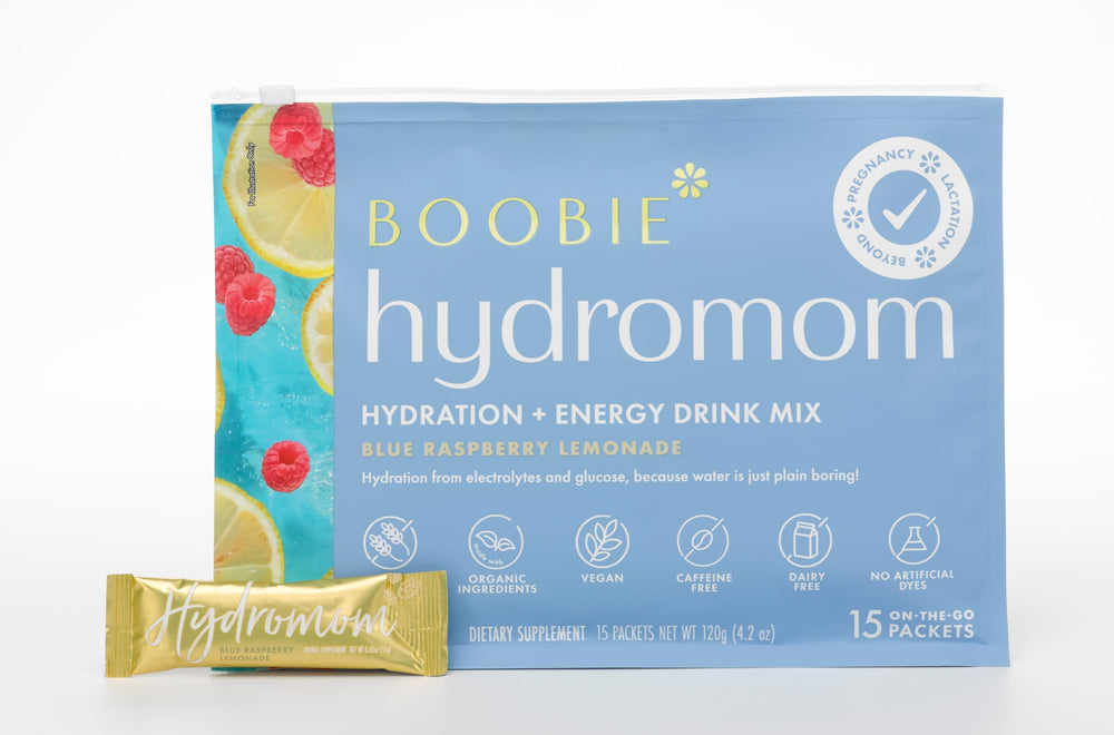 Boobie Hydromom blue raspberry lemonade packet for easy on-the-go hydration