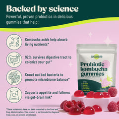BoochBod gummies close-up highlighting fiber and probiotics benefits.