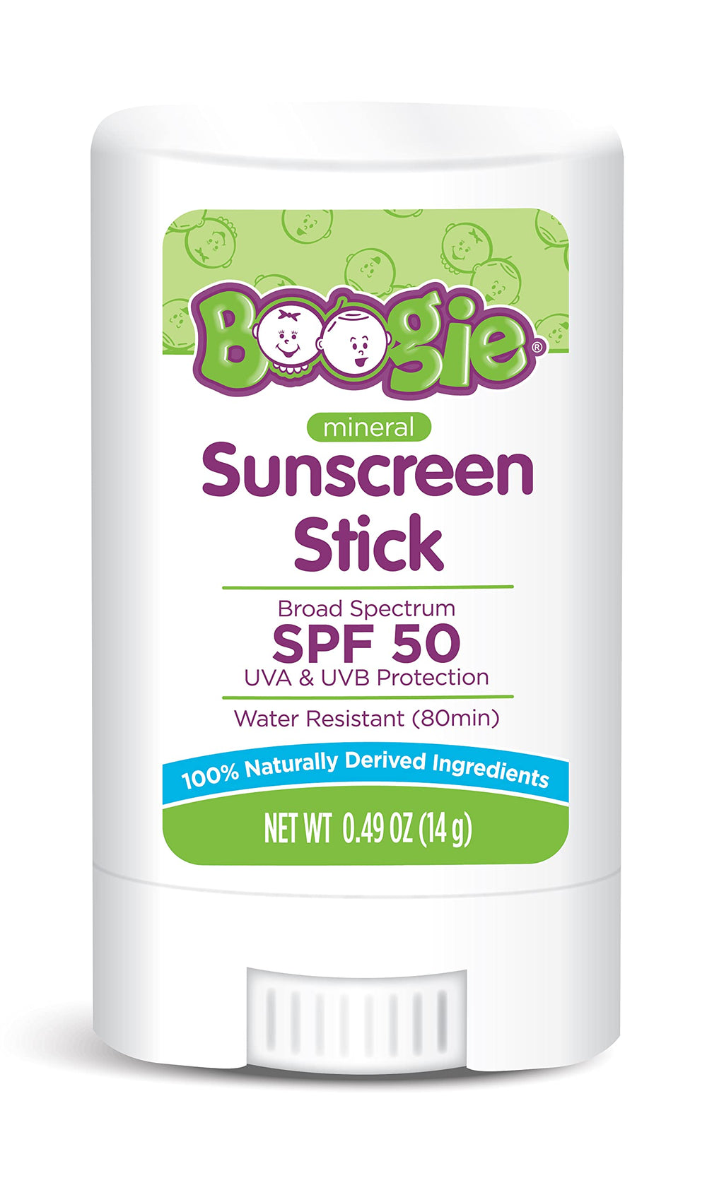 Boogie Baby Sunscreen Stick front packaging with SPF 50 label for easy reference.