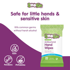 Boogie hand wipes aloe moisturizing close up emphasizing gentle, skin friendly formula