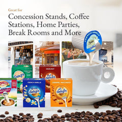 Bools coffee creamer singles flavors layout featuring five options including French Vanilla and Hazelnut.