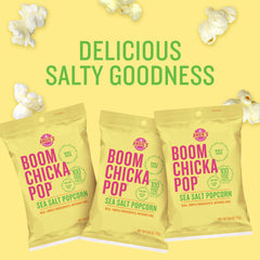 Angie's BOOMCHICKAPOP sea salt popcorn bag showcases simple, real ingredients in a portable package