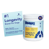 Boops Pets NAD+ precursor bottle label highlights premium senior dog support for healthy aging.