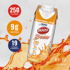 BOOST Breeze bottle label nutrition info emphasizes 19 vitamins and minerals.