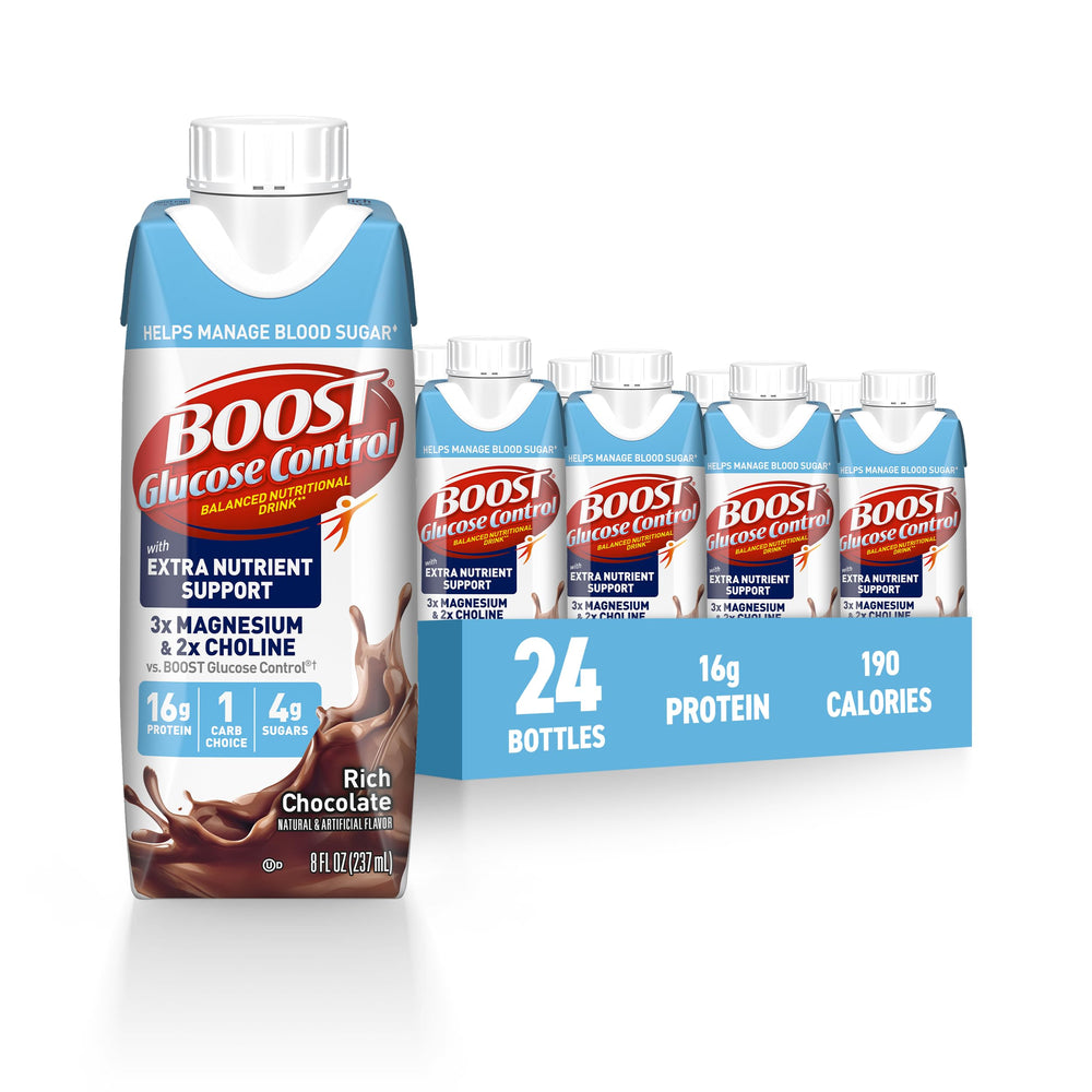 BOOST Glucose Control chocolate bottle on a kitchen counter showing balanced nutrition.