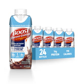 BOOST Glucose Control chocolate bottle on a kitchen counter showing balanced nutrition.