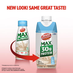 BOOST Glucose Control vanilla bottle pour reveals a smooth vanilla shake.