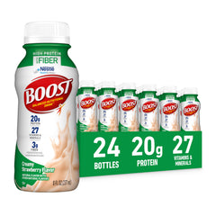 BOOST High Protein with Fiber creamy strawberry bottle for on-the-go protein and energy.