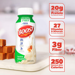BOOST High Protein with Fiber caramel bottle closeup emphasizes creamy texture and flavor.