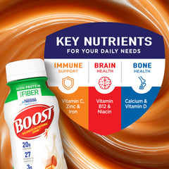 BOOST High Protein with Fiber caramel bottle pour demonstrates a convenient on-the-go option.