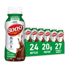 BOOST High Protein with Fiber chocolate bottle for on-the-go protein and energy.