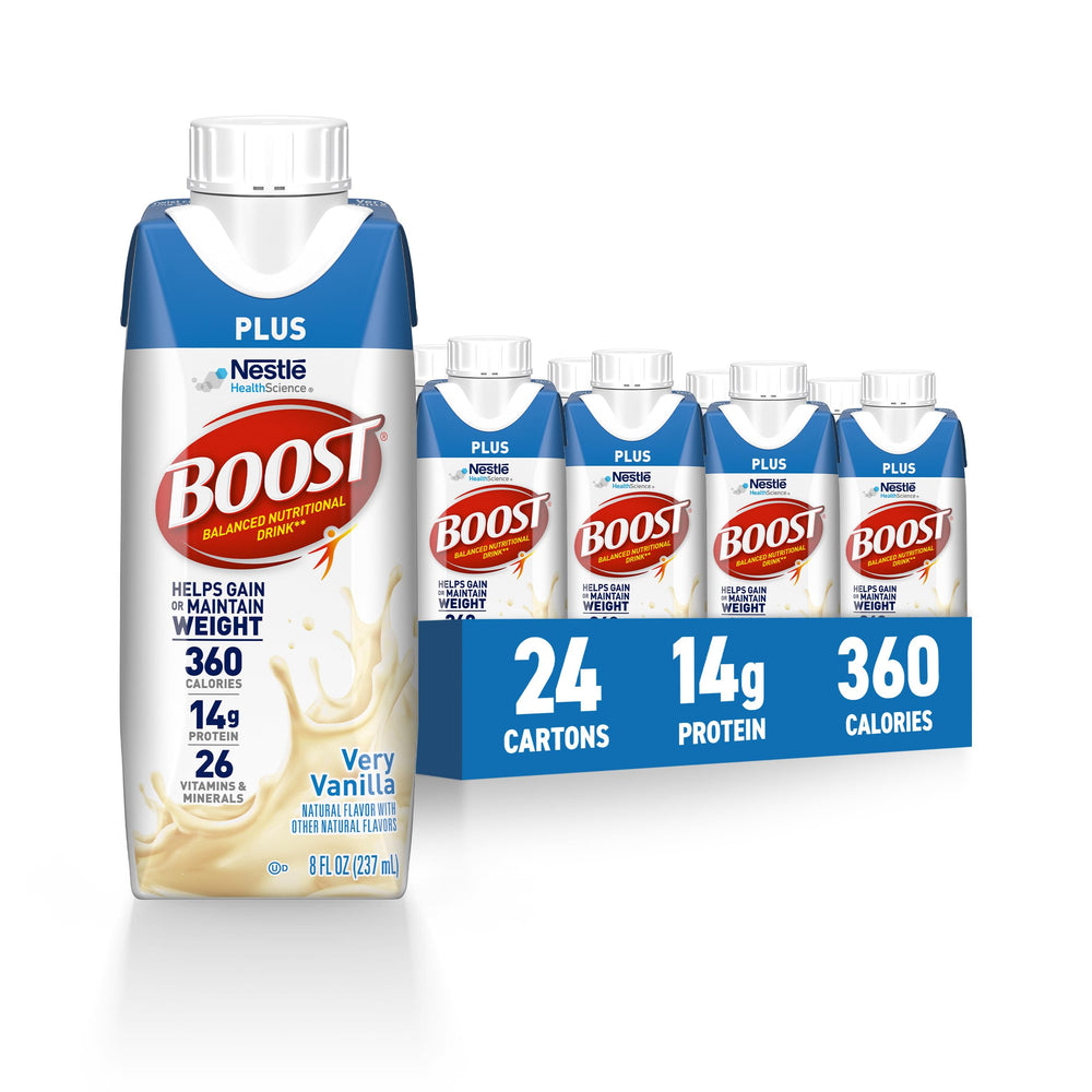 BOOST Plus Vanilla bottle displaying 360 calories per serving for energy goals.