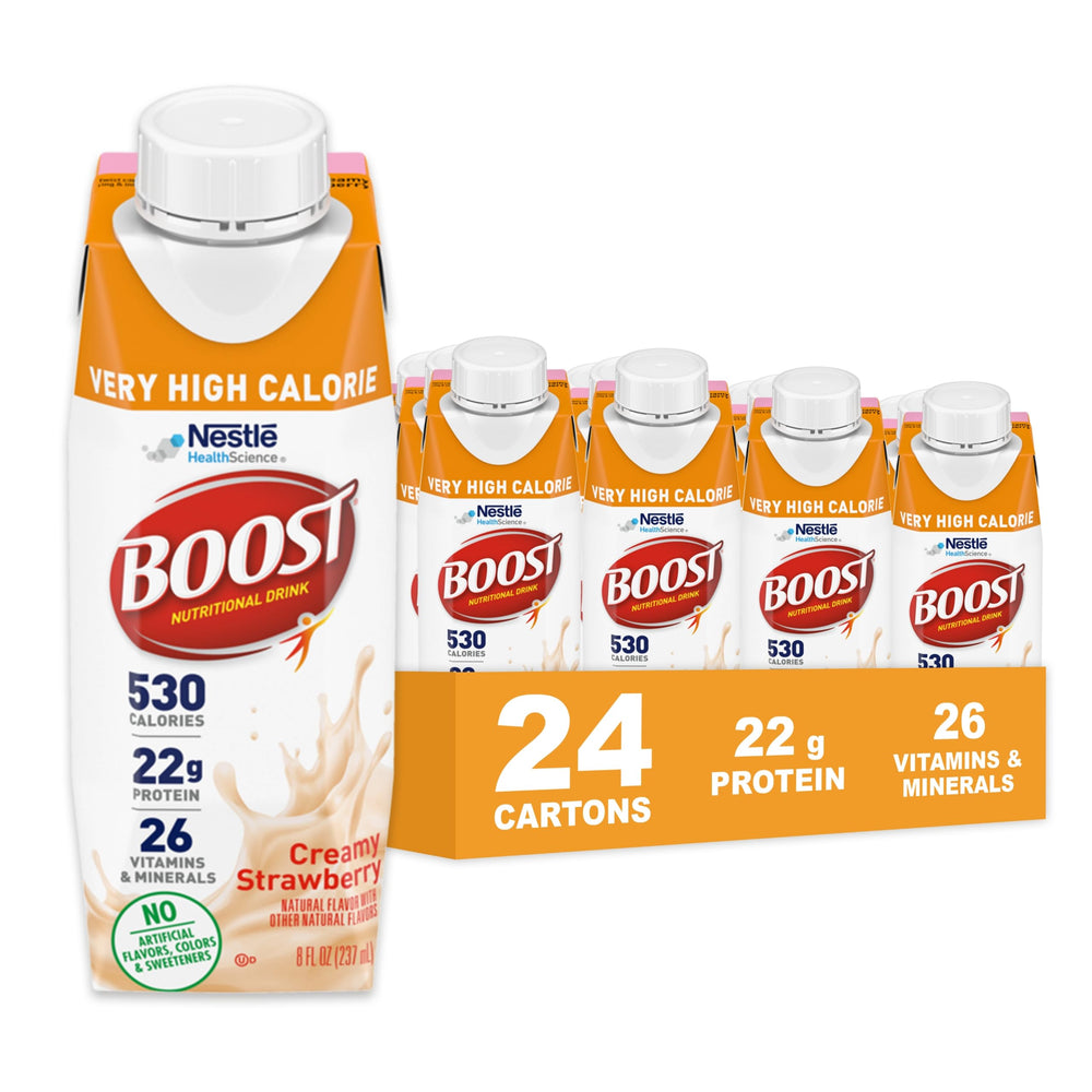 BOOST Very High Calorie Strawberry bottle for on-the-go nutrition with protein.
