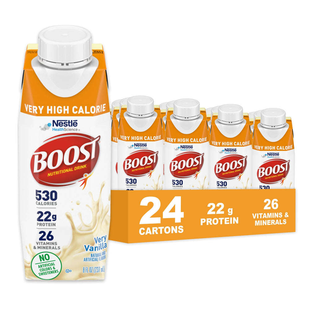 BOOST Very High Calorie Vanilla bottle front highlights protein-packed nutrition for weight gain support