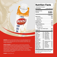 BOOST Very High Calorie Vanilla bottle side shows 22 g protein per serving for muscle-friendly fuel