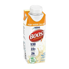 BOOST Very High Calorie vanilla label closeup highlighting flavor and nutrition