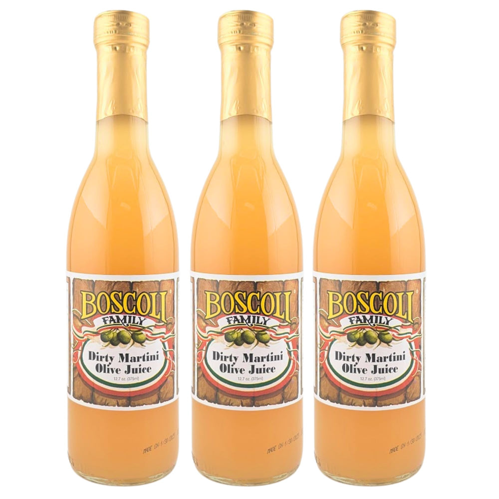 Boscoli Dirty Martini Olive Juice bottle—balanced brine for premium cocktails.