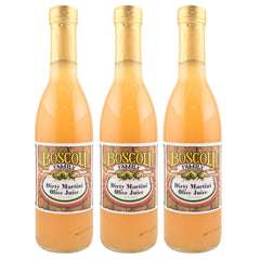 Boscoli Dirty Martini Olive Juice bottle—balanced brine for premium cocktails.