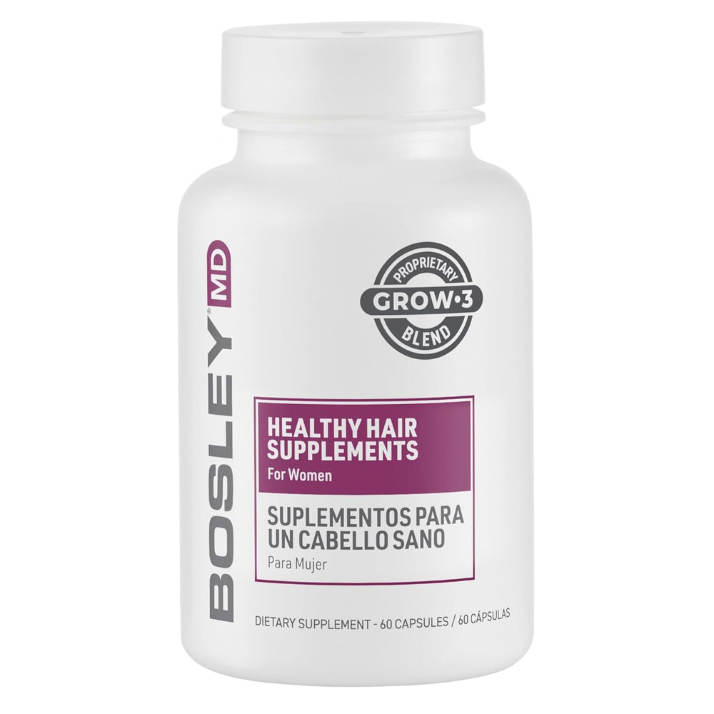 BosleyMD Women's Healthy Hair Growth Supplements bottle hints at thicker, fuller-looking hair.
