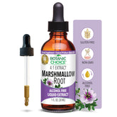 Botanic Choice Marshmallow Root Liquid Extract bottle shown, supports throat comfort through traditional herbal care.