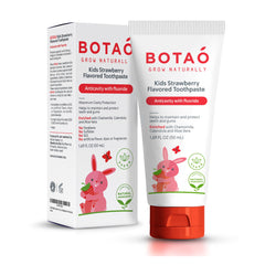 Botao Kids strawberry toothpaste tube front, kid-friendly flavor promotes brushing