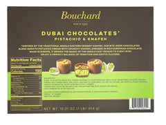 Bouchard Dubai Chocolates pistachio knafeh chocolate close-up, premium texture.