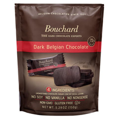 Bouchard premium Belgian dark chocolate bar showcasing 72% cacao and fiber on a wooden board