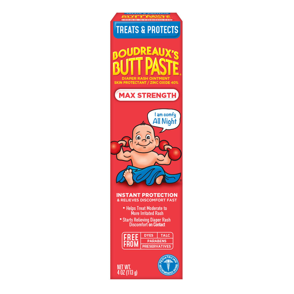 Boudreaux's Butt Paste Max Strength tube front view for quick diaper rash protection.