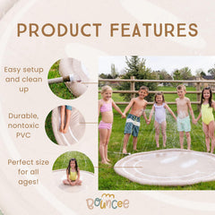 Bouncee splash pad with adjustable spray height supports kids of various ages.
