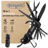 Bovgero 16-in-1 multitool knife viewed from above for camping versatility.