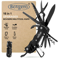 Bovgero 16-in-1 multitool knife viewed from above for camping versatility.