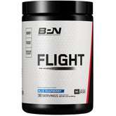 BPN Flight Blue Raspberry tub front showing flavor and energy option.