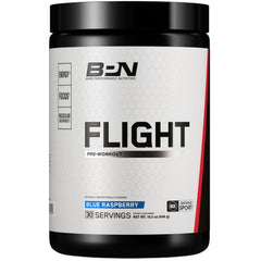 BPN Flight Blue Raspberry tub front showing flavor and energy option.