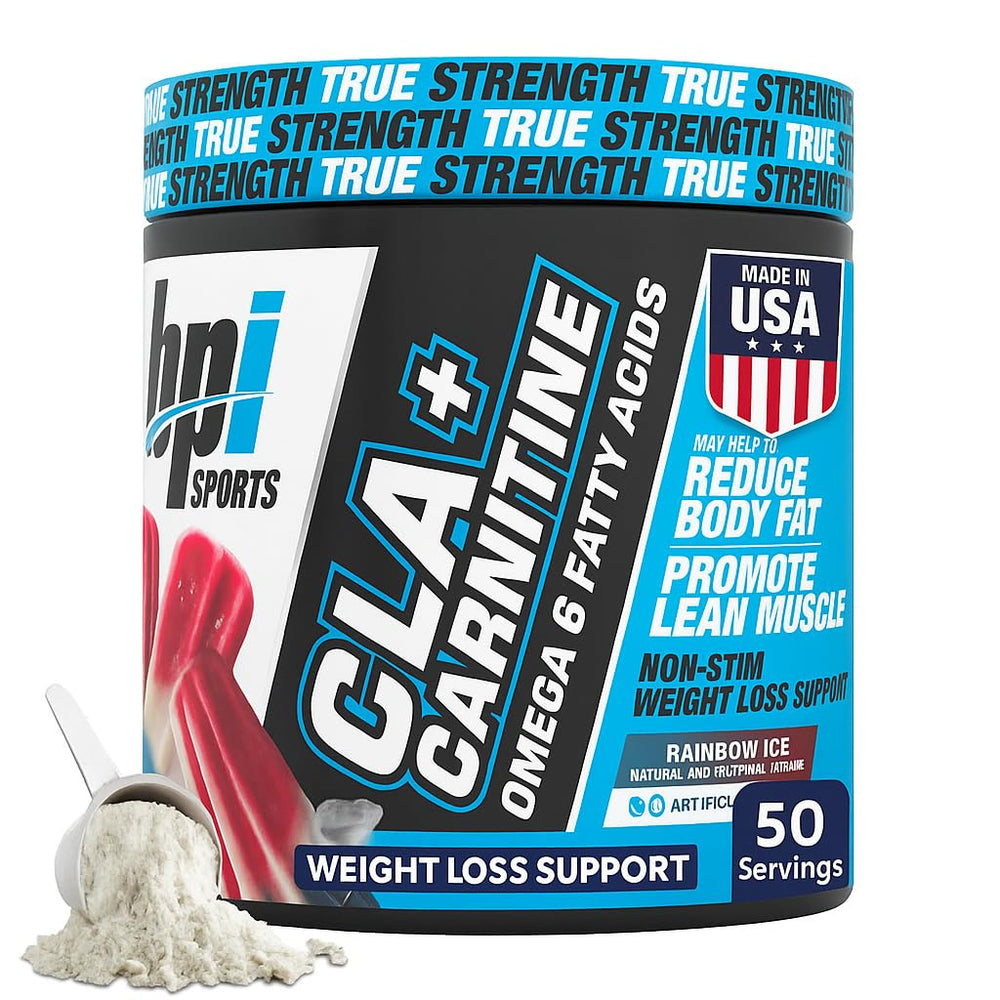 BPI Sports CLA+Carnitine bottle front shows non-stimulant fat metabolism support.