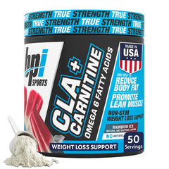 BPI Sports CLA+Carnitine bottle front shows non-stimulant fat metabolism support.