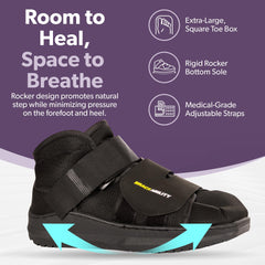 BraceAbility walking boot sole non-slip tread demonstrates stable footing for indoors and outdoors.