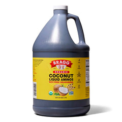 Bragg Coconut Aminos bottle closeup showing organic, soy-free seasoning.