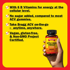 Bragg Energy ACV Capsules daily-dose graphic highlights three capsules per serving.