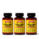 Bragg front packaging three-pack showing bottles and brand for convenient shelf storage