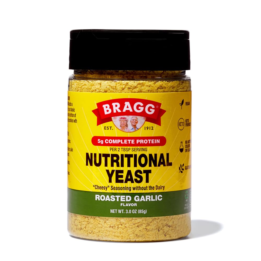 Bragg Nutritional Yeast Roasted Garlic Seasoning bottle adds dairy-free cheesy flavor.