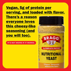 Bragg Nutritional Yeast Seasoning sprinkled on popcorn for savory, low-sodium snacking.