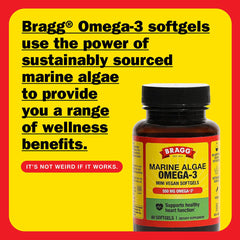 Close-up Bragg Omega-3 softgels highlighting vegan, non-GMO formula