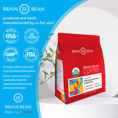Brain Bean Organic Coffee cup sip illustrating mood-friendly enjoyment and clean tasting experience