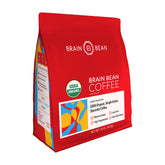 Brain Bean Organic Coffee whole bean bag highlighting premium quality and USDA Organic certification