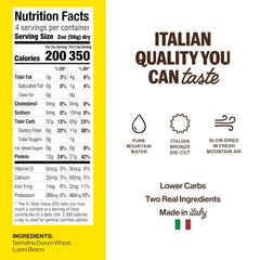 Close-up of BRAMI ingredients highlighting semolina and lupini beans for protein and fiber.