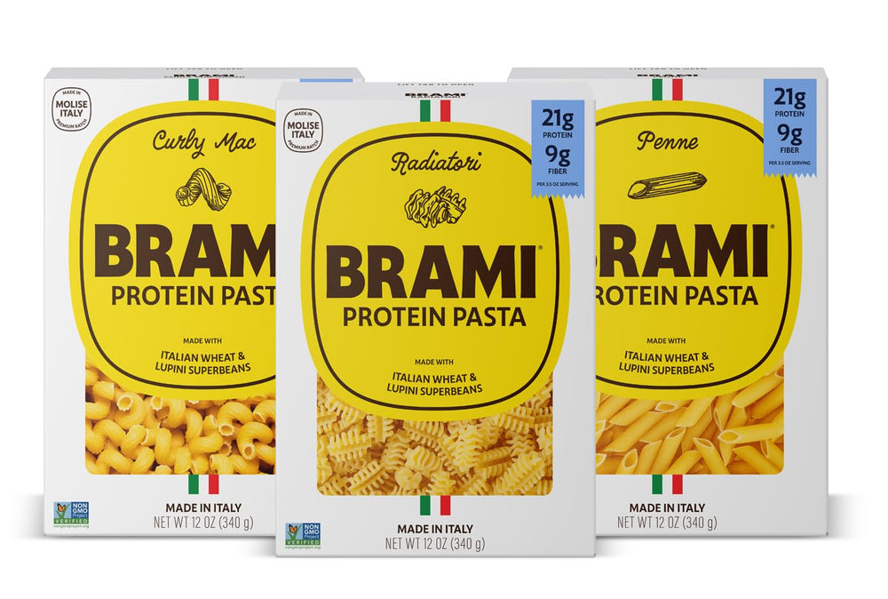 BRAMI protein pasta variety pack on counter shows a high-protein dinner option.