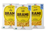 BRAMI protein pasta variety pack on counter shows a high-protein dinner option.