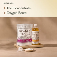 Branch Basics Oxygen Boost powder tub shows powerful stain removal and deep-cleaning potential.