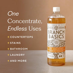 Branch Basics streak-free bottle demonstrates clear, residue-free cleaning results
